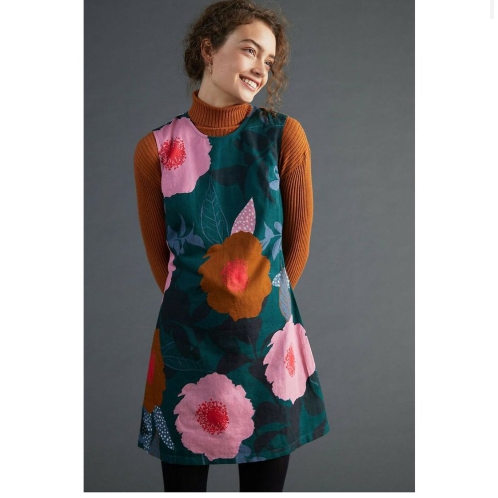 NWOT Anthropologie Shift Mini Dress S $160 HTF Floral Linen Cotton Green